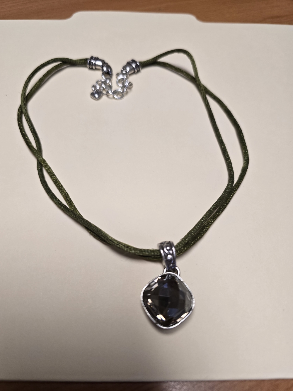 Brighton Olive Green Cord Necklace with Smoky Crystal Pendant